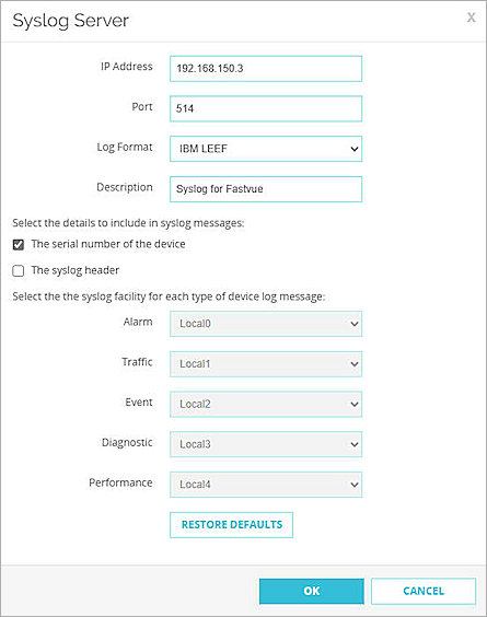 Screenshot of firebox, config syslog server